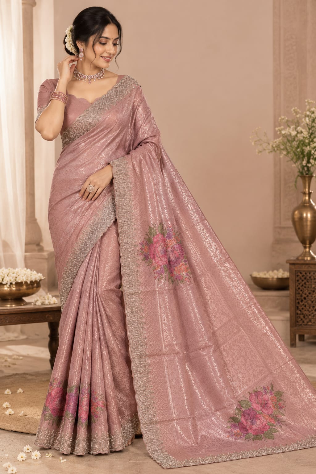 Premium Pink Floral Embroidered Designer Saree with Sequin Border