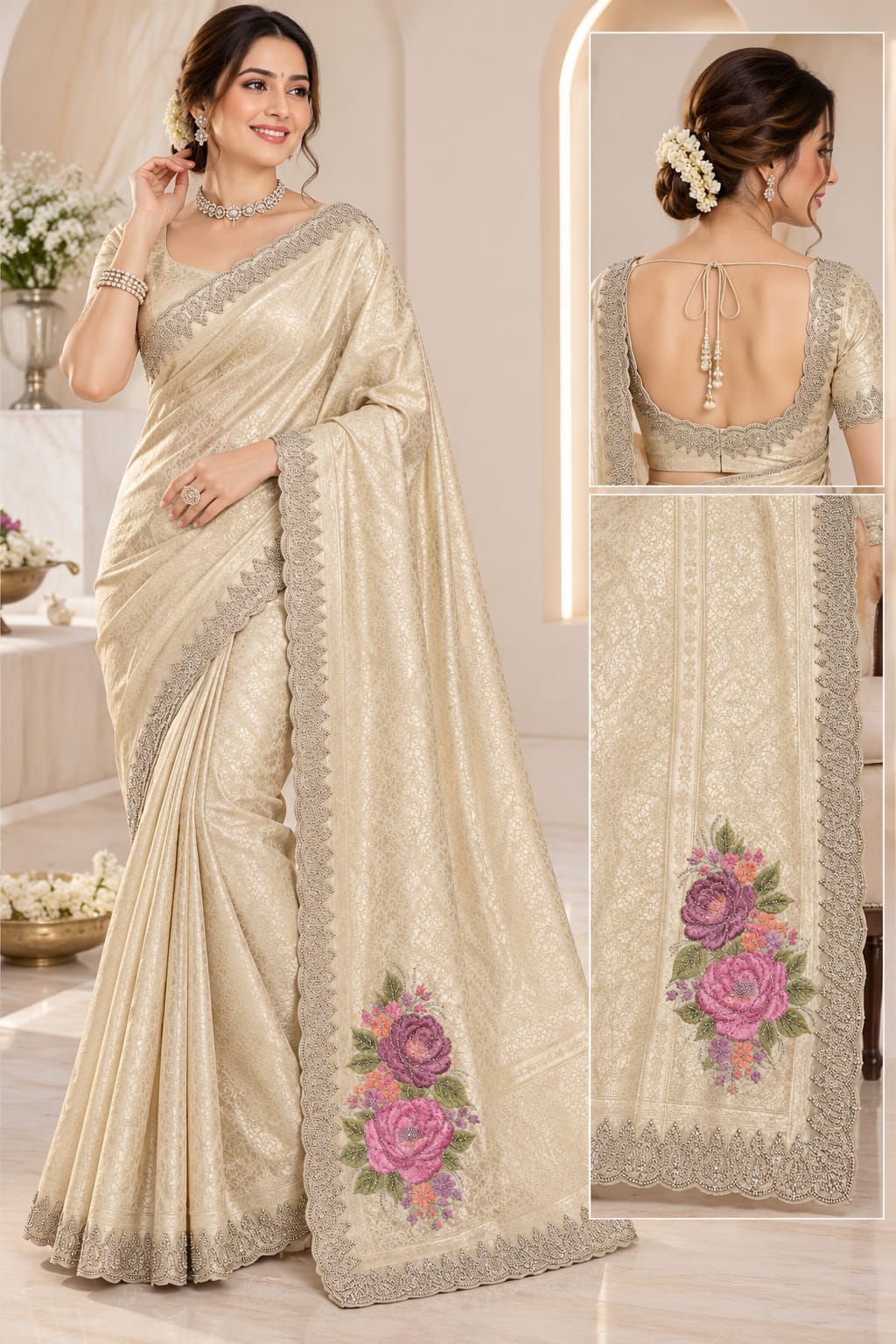 Cream Gold Designer Saree with Floral Pallu & Embellished Border