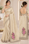 Cream Gold Designer Saree with Floral Pallu & Embellished Border