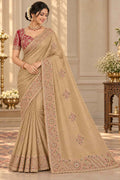 Golden Beige Embroidered Designer Saree with Floral Border & Blouse
