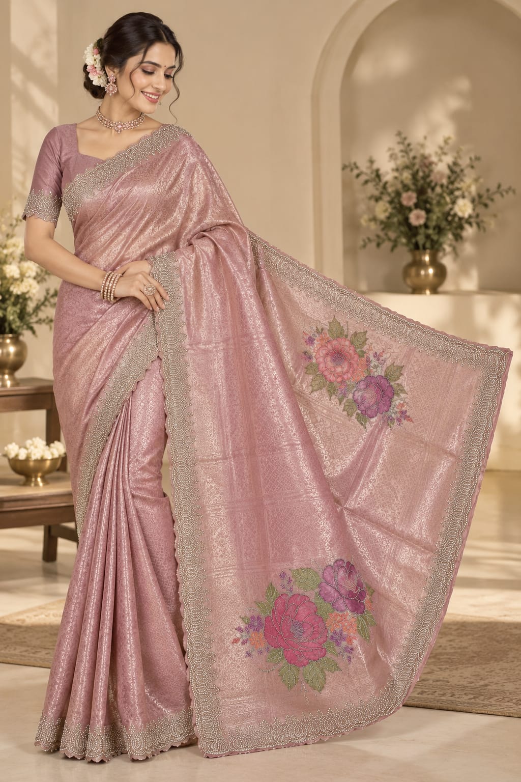 Premium Pink Floral Embroidered Designer Saree with Sequin Border