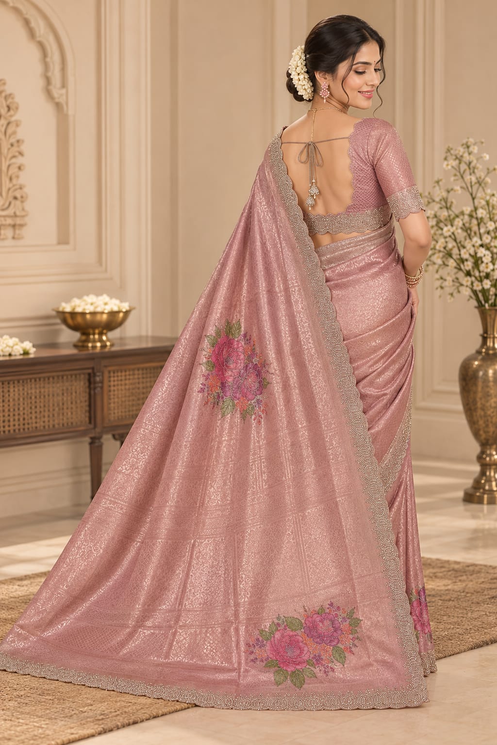 Premium Pink Floral Embroidered Designer Saree with Sequin Border