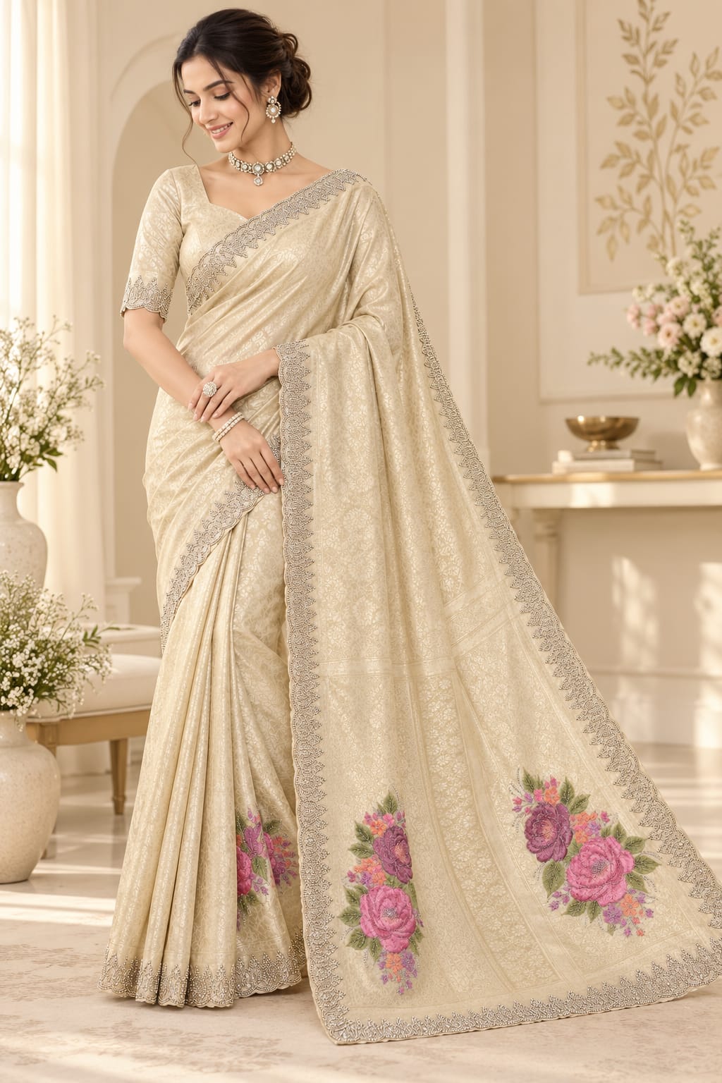 Cream Gold Designer Saree with Floral Pallu & Embellished Border