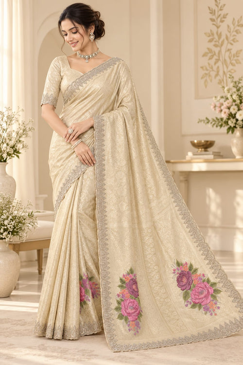 Cream Gold Designer Saree with Floral Pallu & Embellished Border