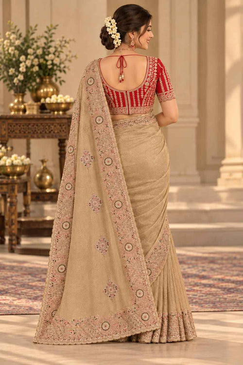 Golden Beige Embroidered Designer Saree with Floral Border & Blouse