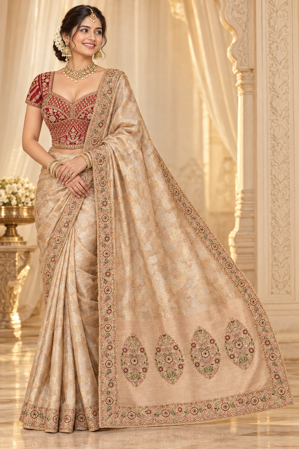 Champagne Beige Bengali Drape - Red Blouse Front View