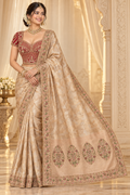 Champagne Beige Bengali Drape - Red Blouse Front View