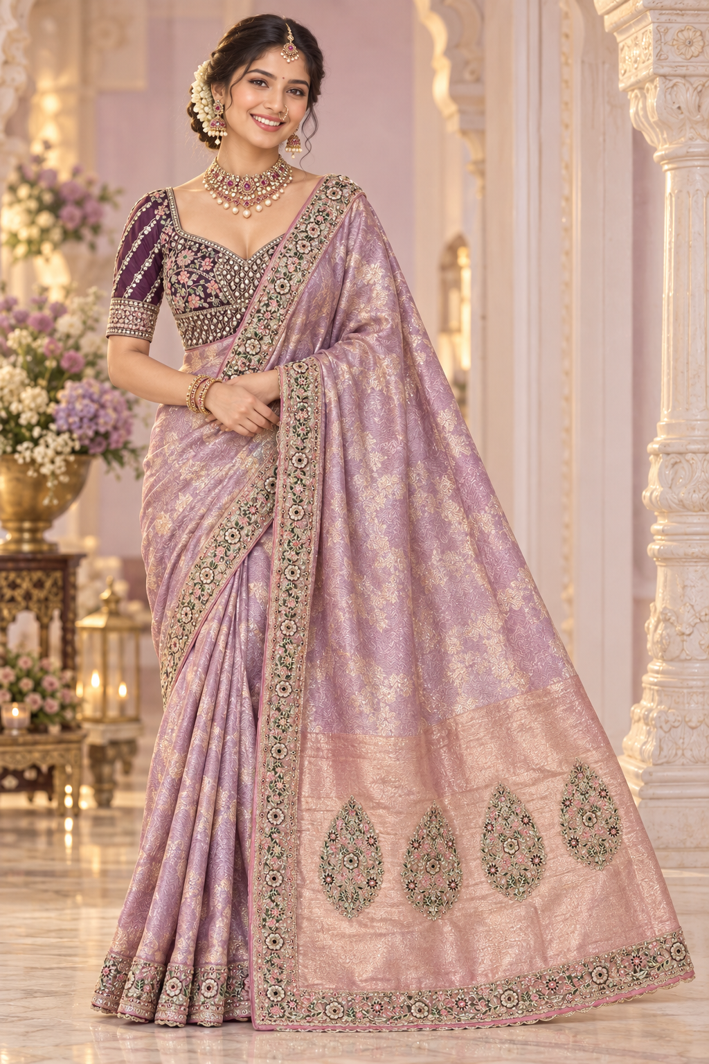 Light Purple Bengali Drape - Deep Plum Blouse Front View