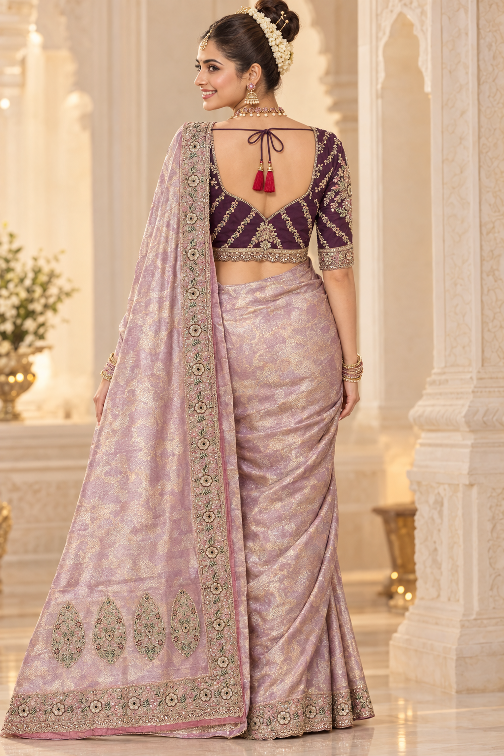 Light Purple Bengali Drape - Exact Back View Deep Plum Blouse
