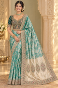 Mint Teal Bengali Drape - Bottle Green Blouse Front View