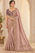 Rose Gold Pink Designer Embroidered Saree with Floral Border & Blouse