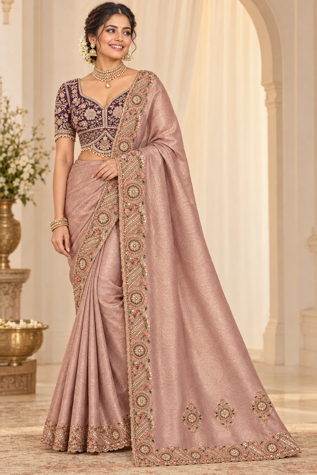 Rose Gold Pink Designer Embroidered Saree with Floral Border & Blouse