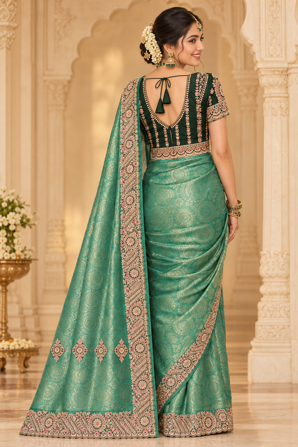 Sea Green Bengali Drape - Back Blouse View