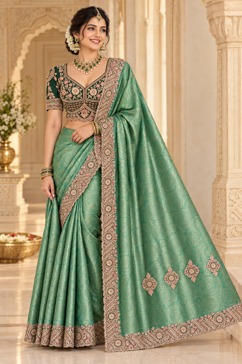 Sea Green Bengali Drape - No Latkan Clean Blouse