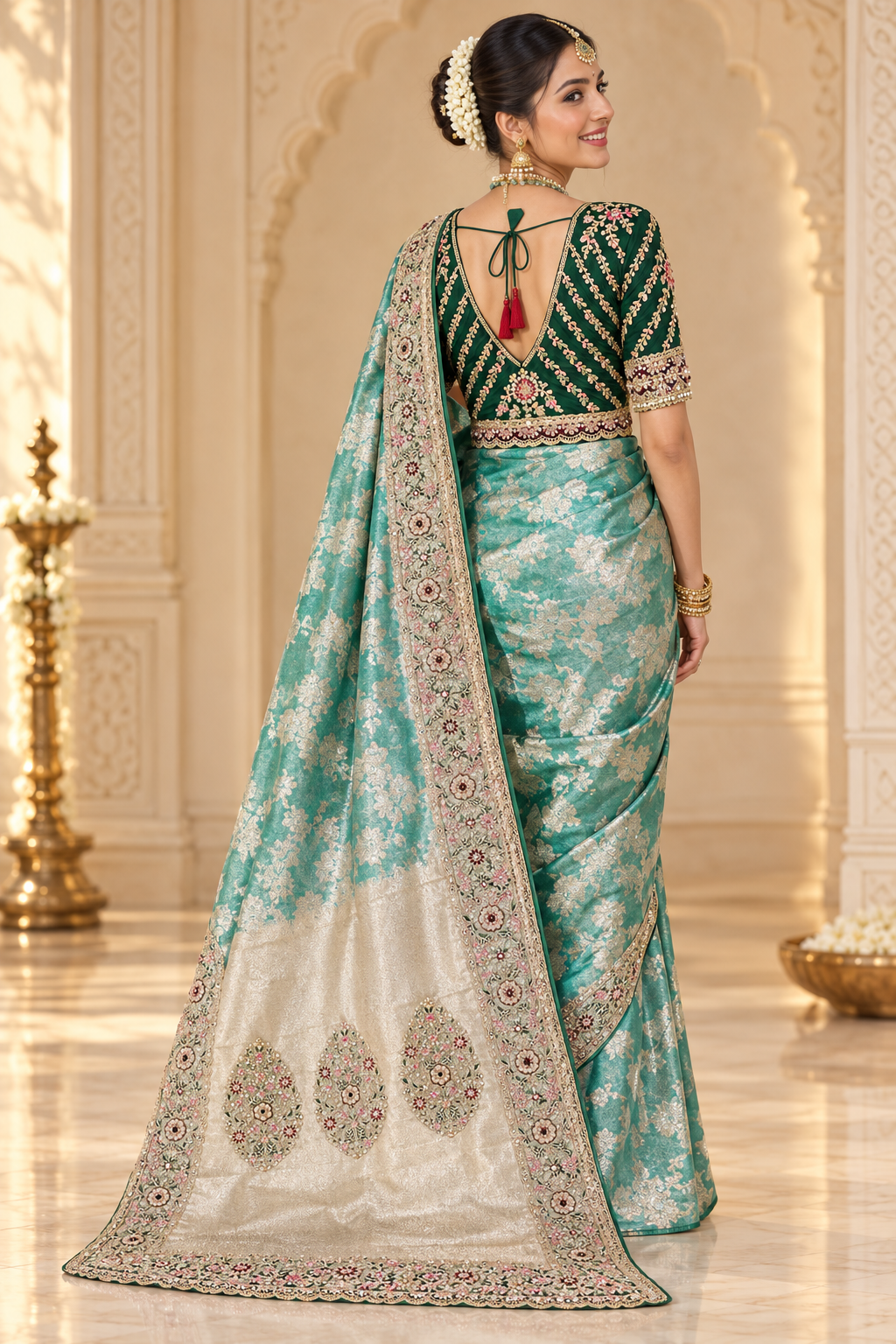 Teal Green Bengali Drape - Back View Exact Bottle Green Blouse