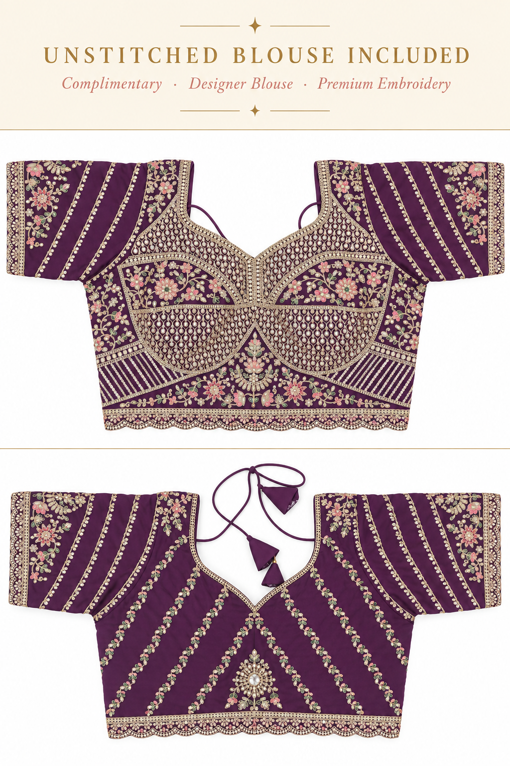 Unstitched Blouse Infographic - Front + Enhanced Back - Purple Latkans